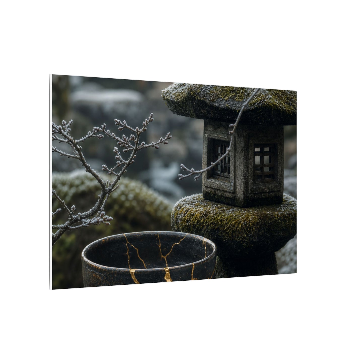 Stone Lantern Canvas Art | Winter Kintsugi Gold Repair Art