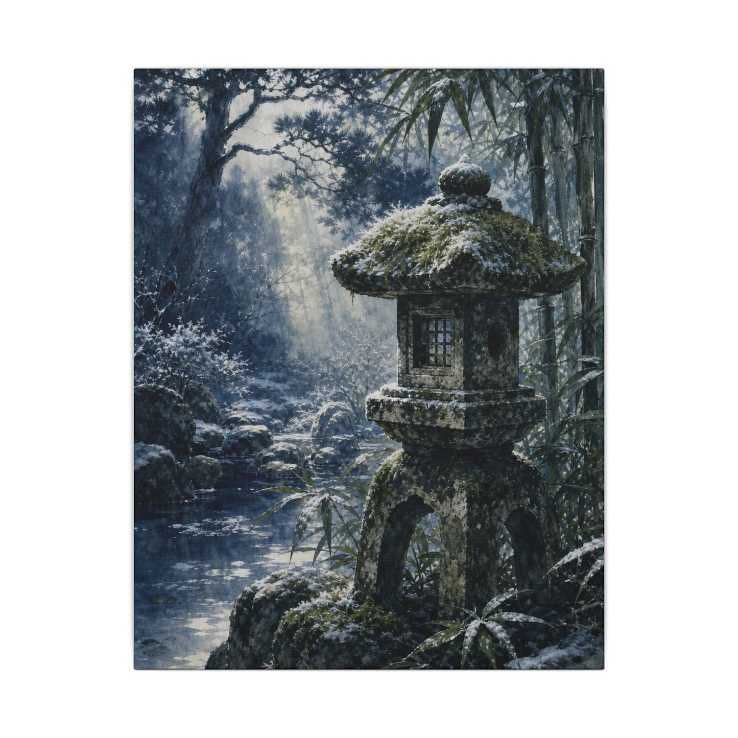 Zen Stone Lantern in Dappled | Sumi E Canvas Art