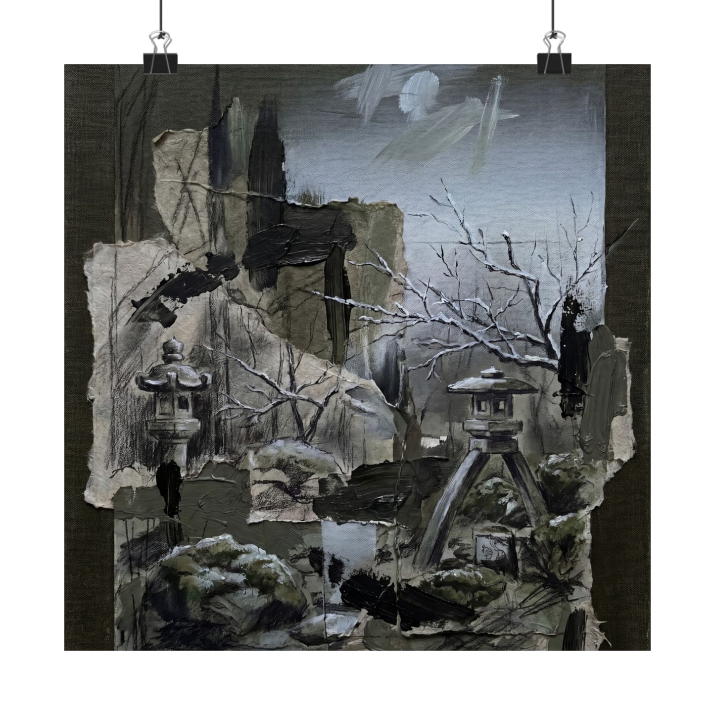 Moody Moonlit Garden Wall Art Print - Dark Texture Dark Japandi