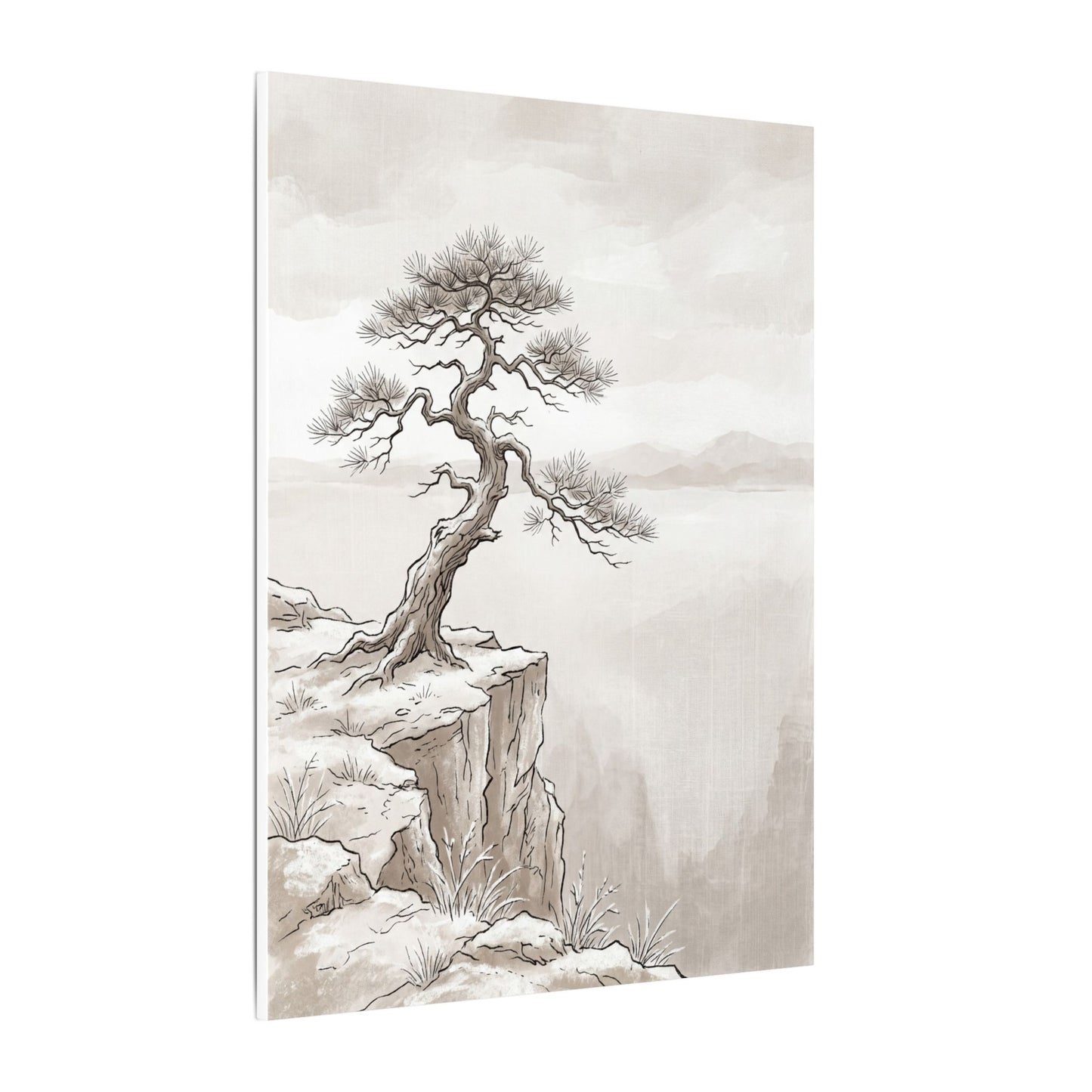Neutral Pine Tree Canvas Art - Minimal Line Japandi