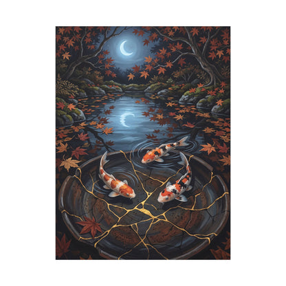 Koi Pond Canvas Art | Autumn Kintsugi Gold Repair Art