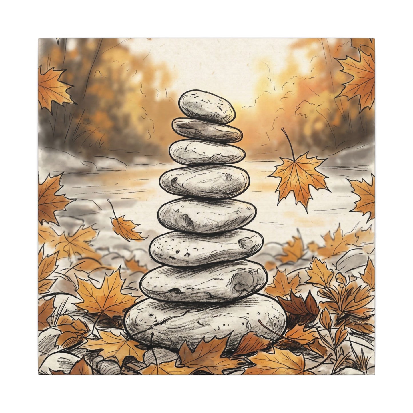 Earthy River Stones Canvas Art - Minimal Line Japandi