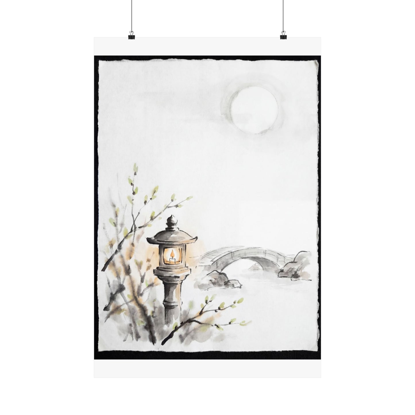 Spring Moonlit Garden Sumi E Wall Art Print | Calm Decor Art Print
