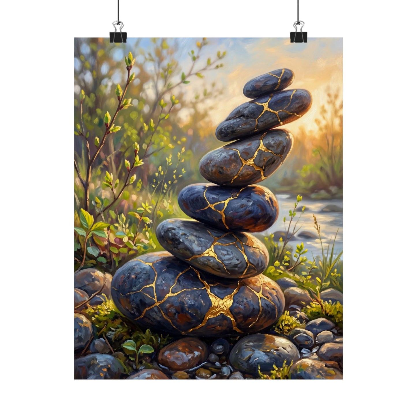 River Stones Wall Art Print | Spring Kintsugi Gold Repair Art