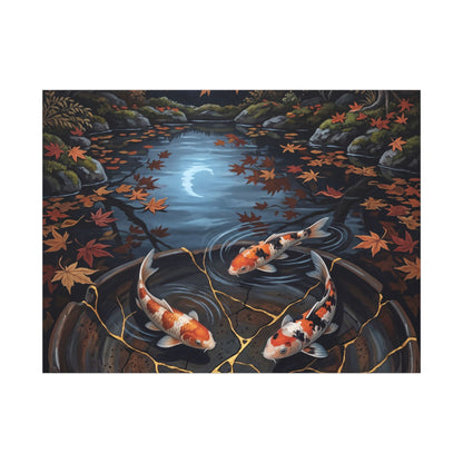 Koi Pond Canvas Art | Autumn Kintsugi Gold Repair Art