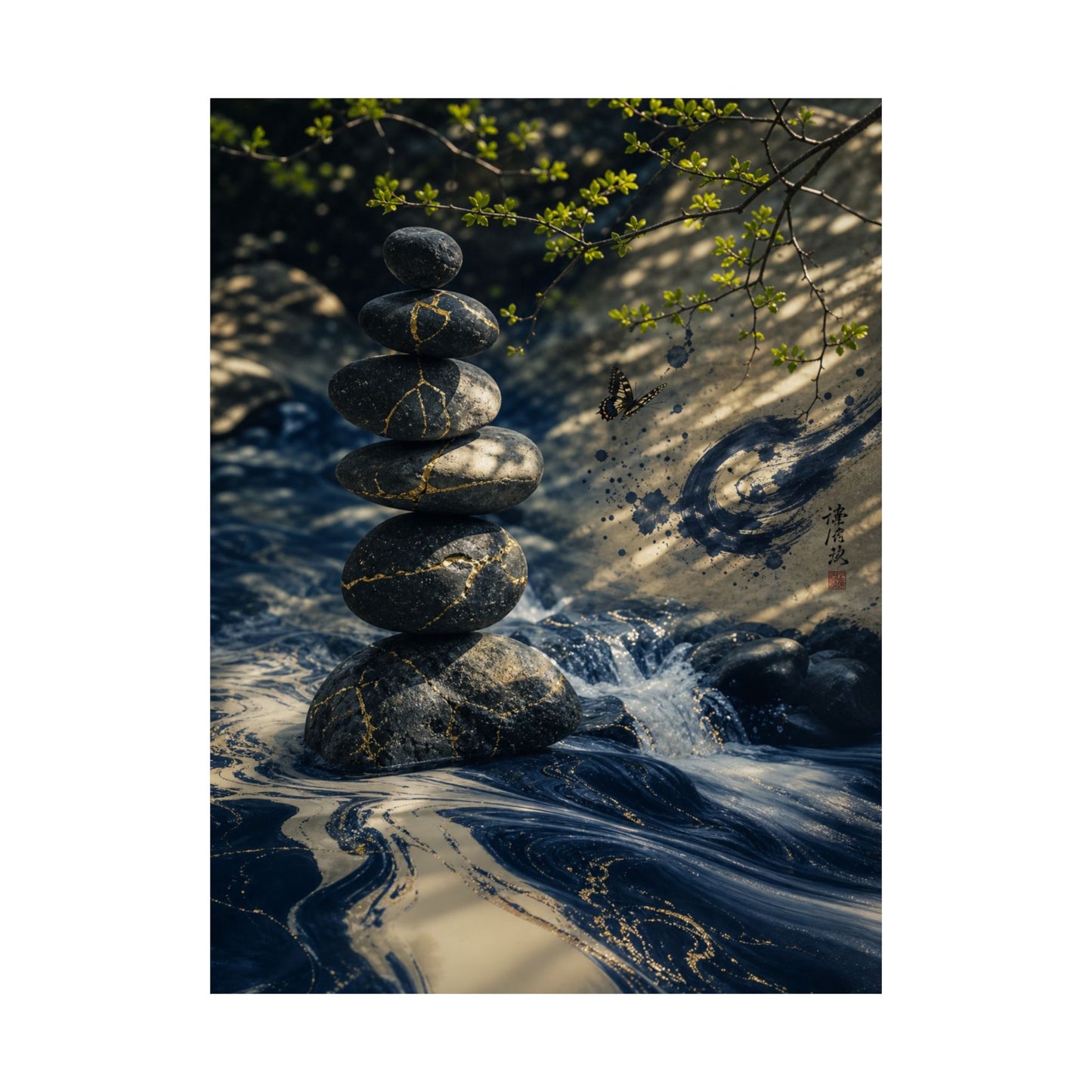 River Stones Wall Art Print | Spring Kintsugi Broken Beauty Art