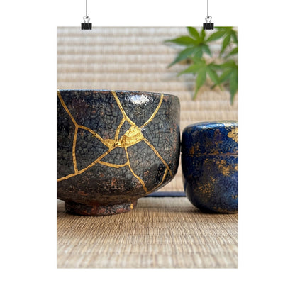 Kintsugi Tea Ceremony in Dawn | Crackle Gold Wall Art Print