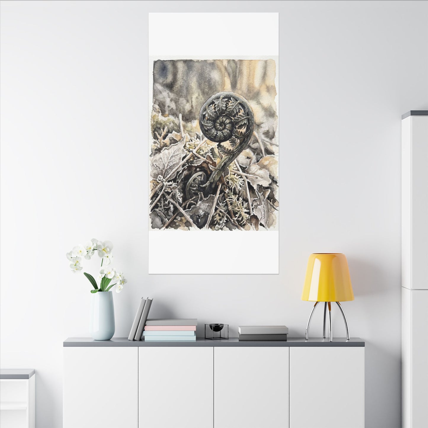 Japandi Fern Unfurling in Golden Hour | Watercolor Canvas Art