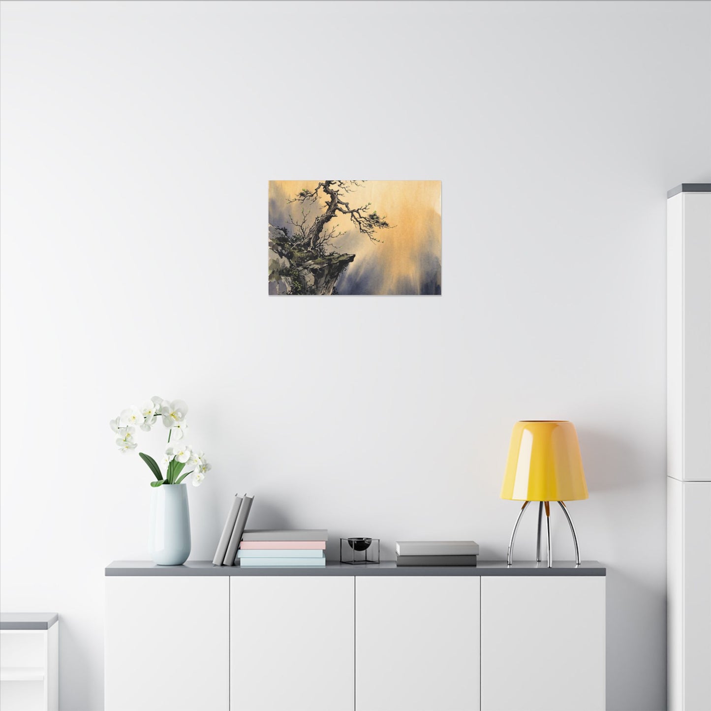 Zen Pine Tree in Golden Hour | Sumi E Canvas Art