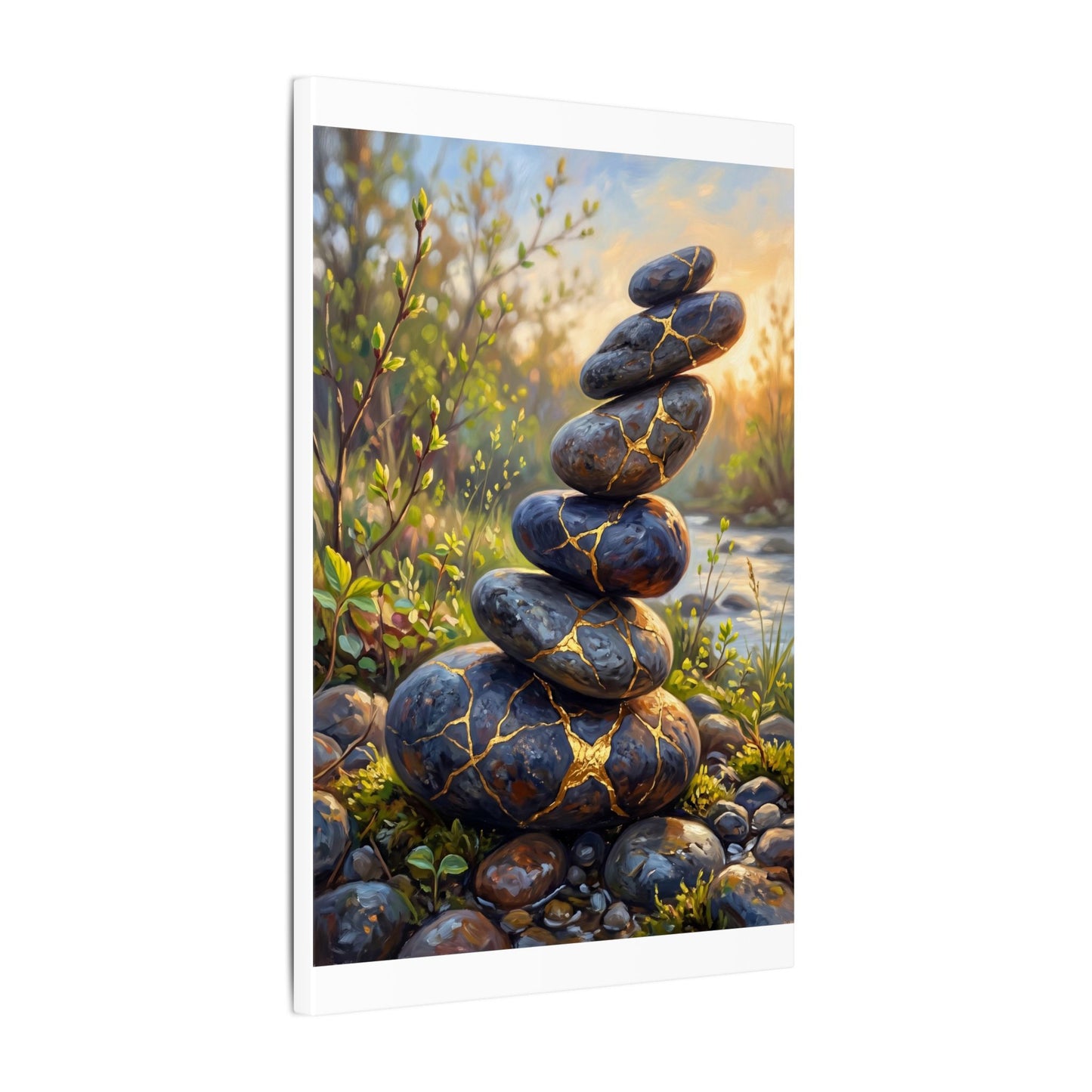 Spring River Stones Gold Repair Canvas Art | Healing Decor
