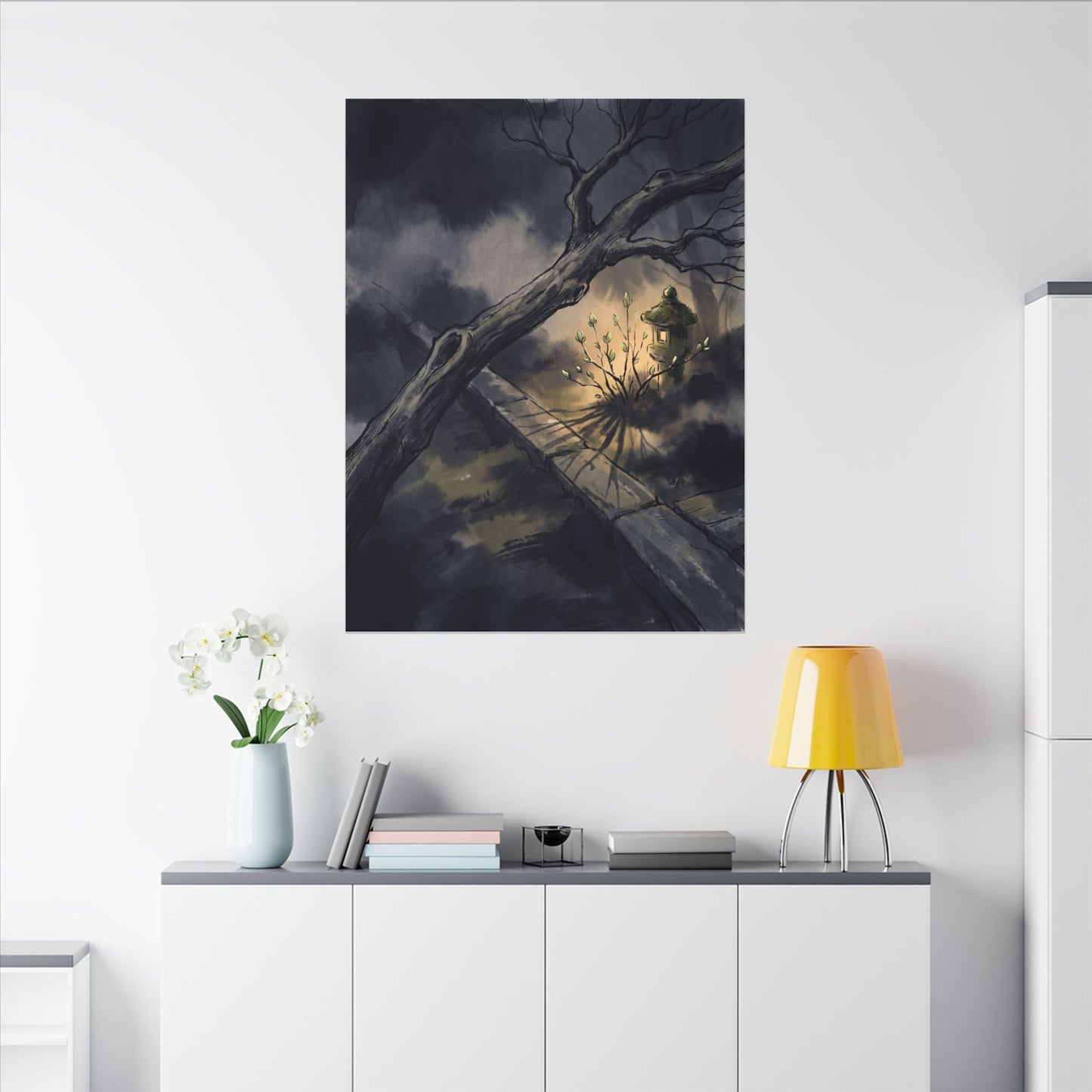 Dark Japandi Moonlit Garden in Golden Hour | Charcoal Ink Canvas Art