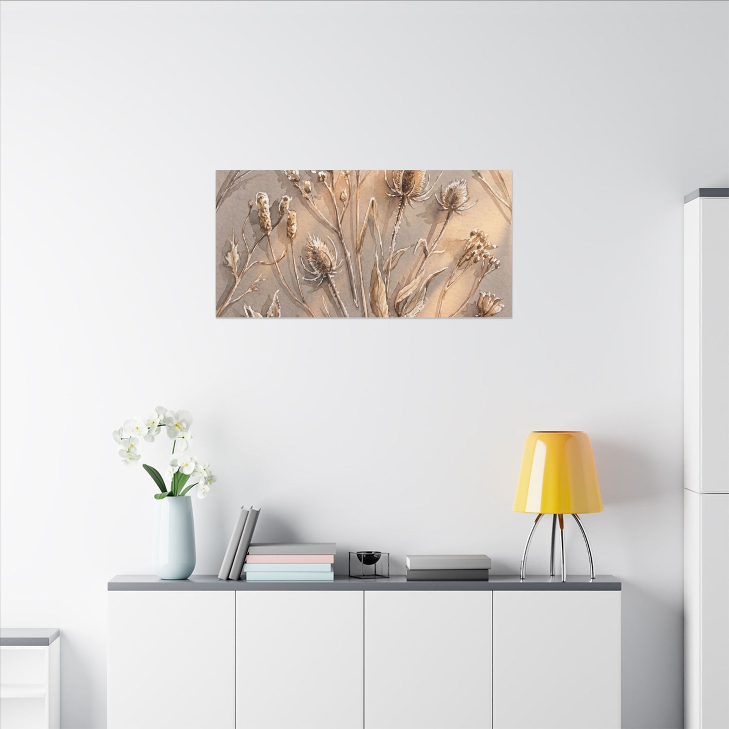 Japandi Dried Flowers in Golden Hour | Watercolor Canvas Art