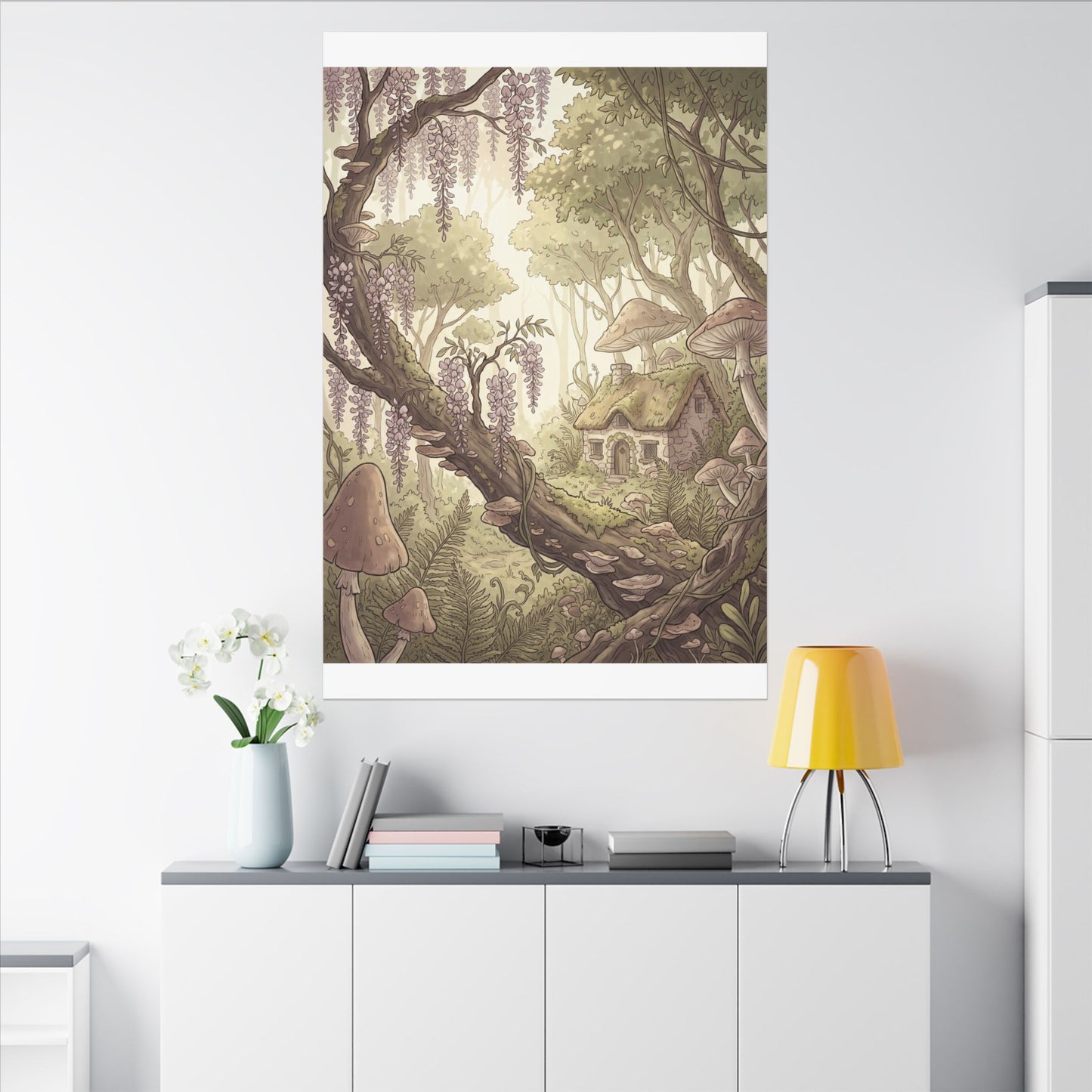 Summer Wisteria Mushroom Illustration Canvas Art | Enchanting Decor
