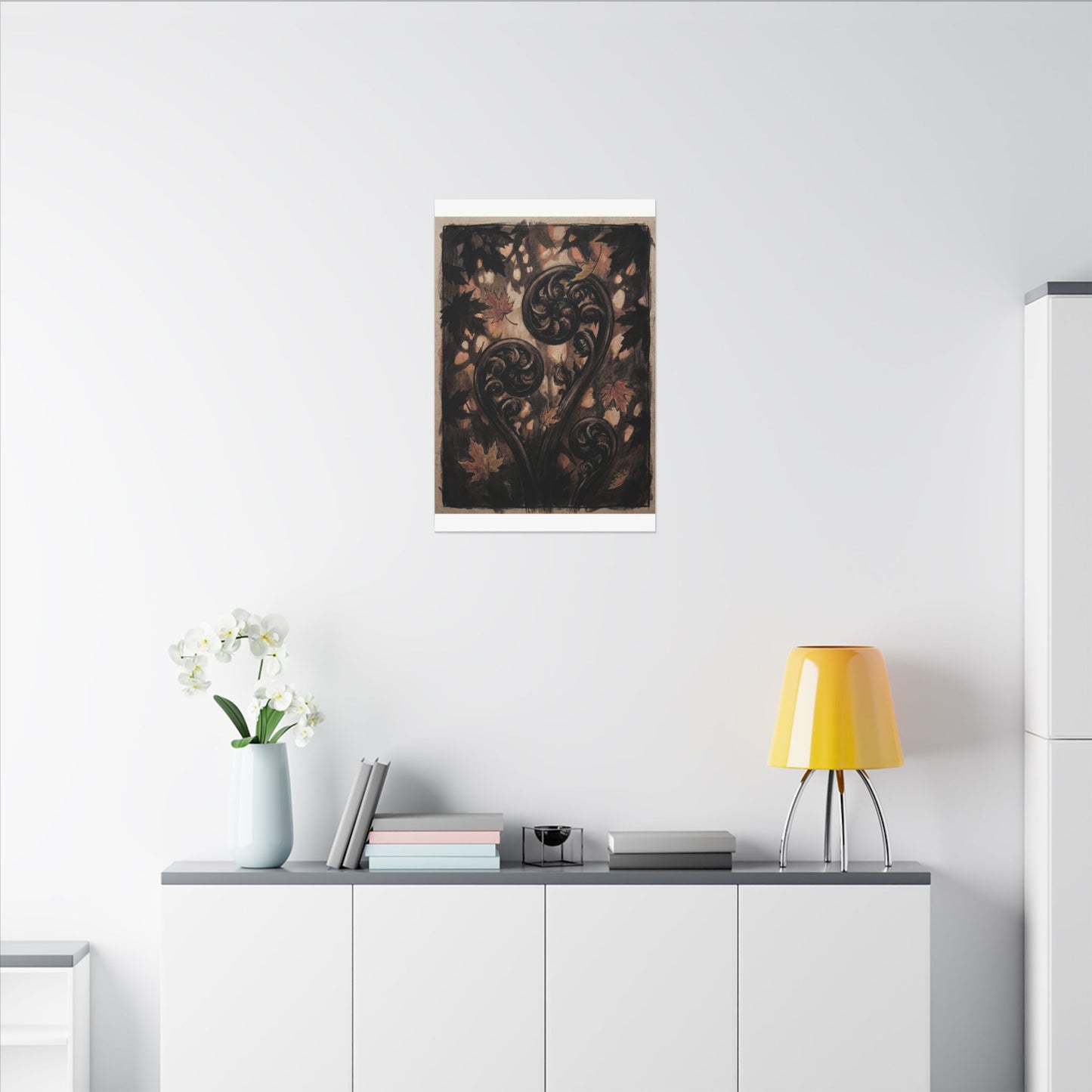 Mono No Aware Fern Unfurling Canvas Art - Dark Japandi Charcoal Ink