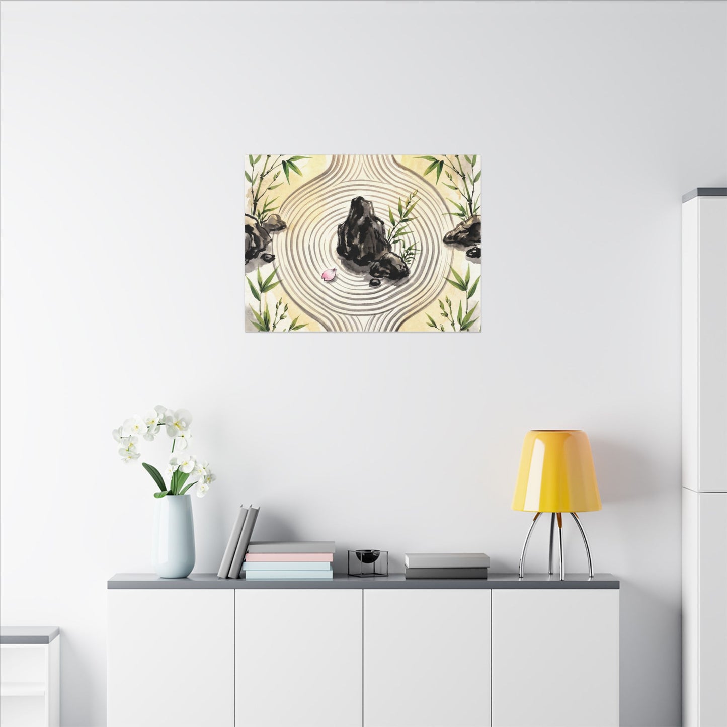 Zen Rock Garden in Golden Hour | Sumi E Canvas Art