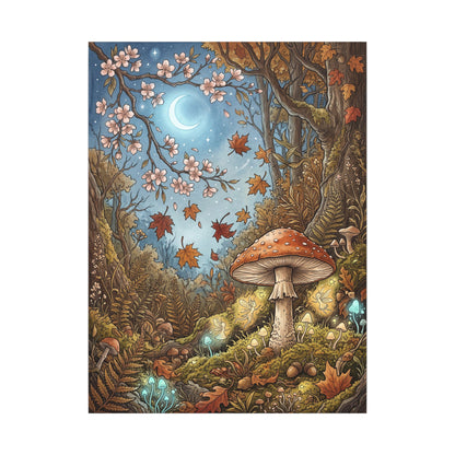 Autumn Cherry Blossom Mushroom Illustration Canvas Art | Enchanting Decor