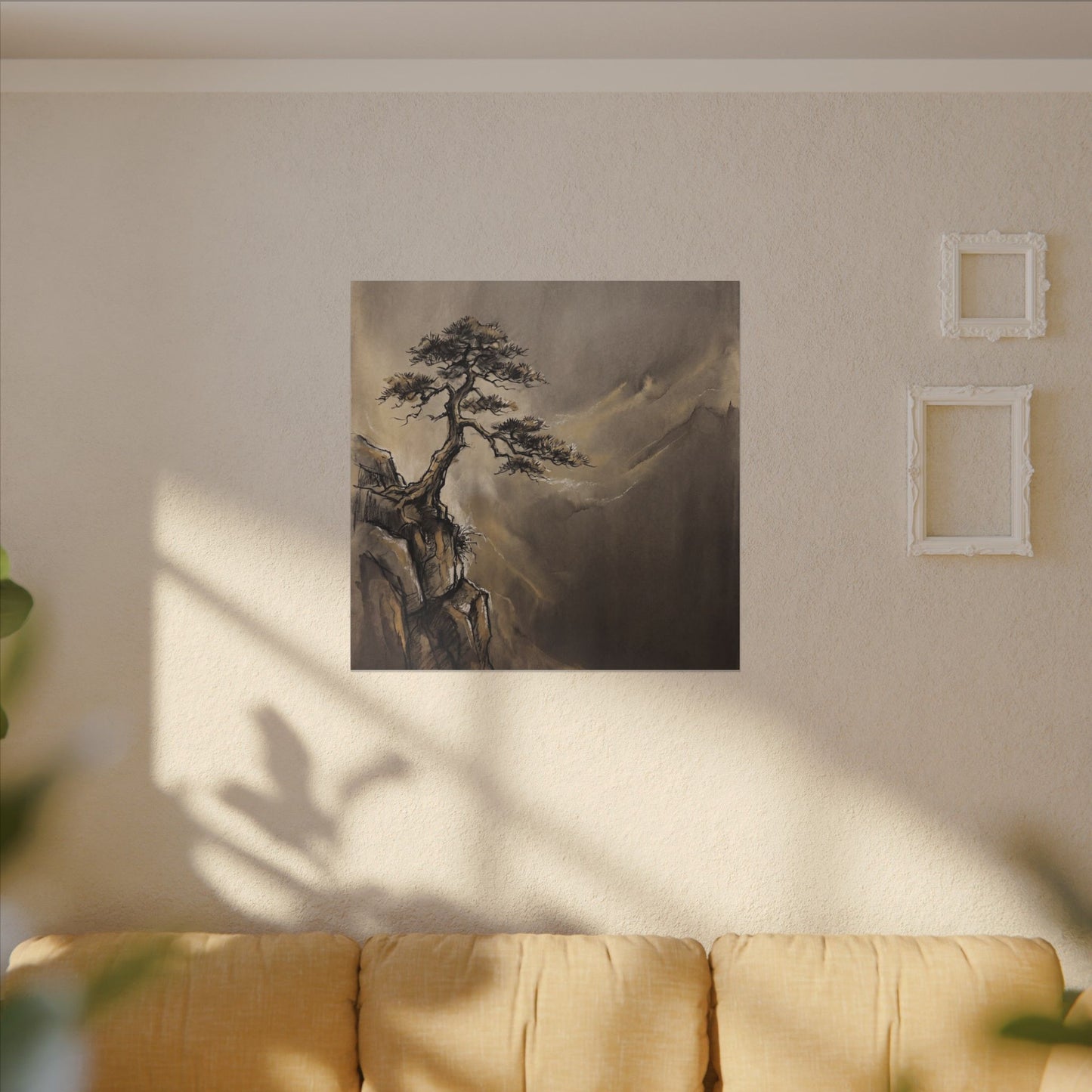 Pine Tree Charcoal Ink Canvas Art | Luxurious Dark Japandi Art
