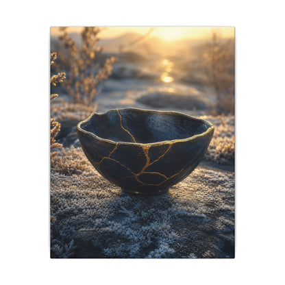 Ceramic Bowl Canvas Art | Winter Kintsugi Gold Repair Art