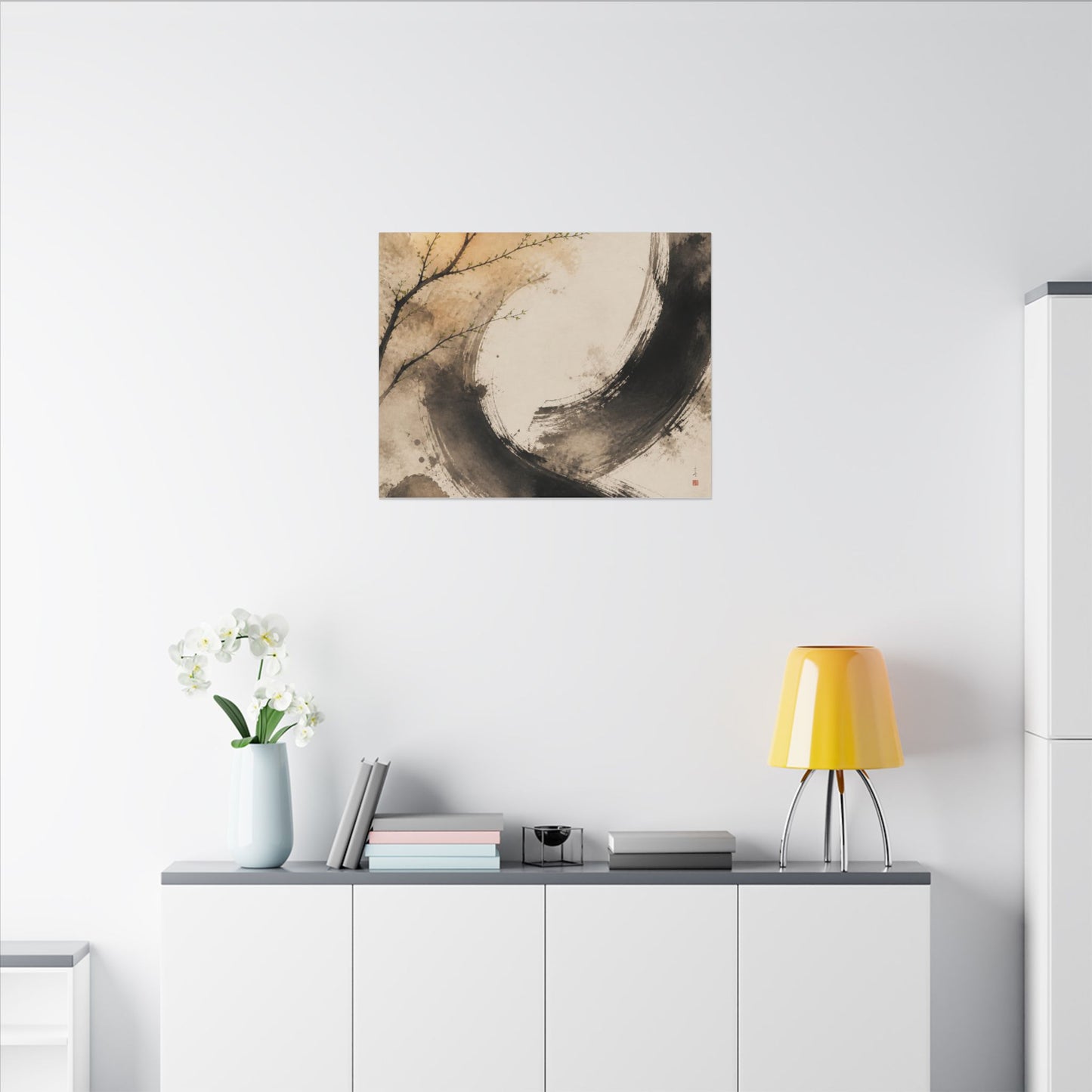 Japandi Ink Brushstroke in Golden Hour | Watercolor Canvas Art
