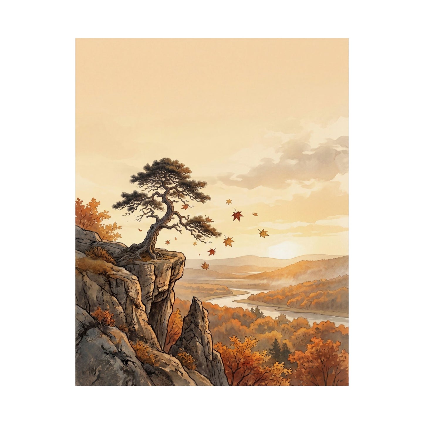 Japandi Pine Tree in Golden Hour | Japanese Pattern Wall Art Print