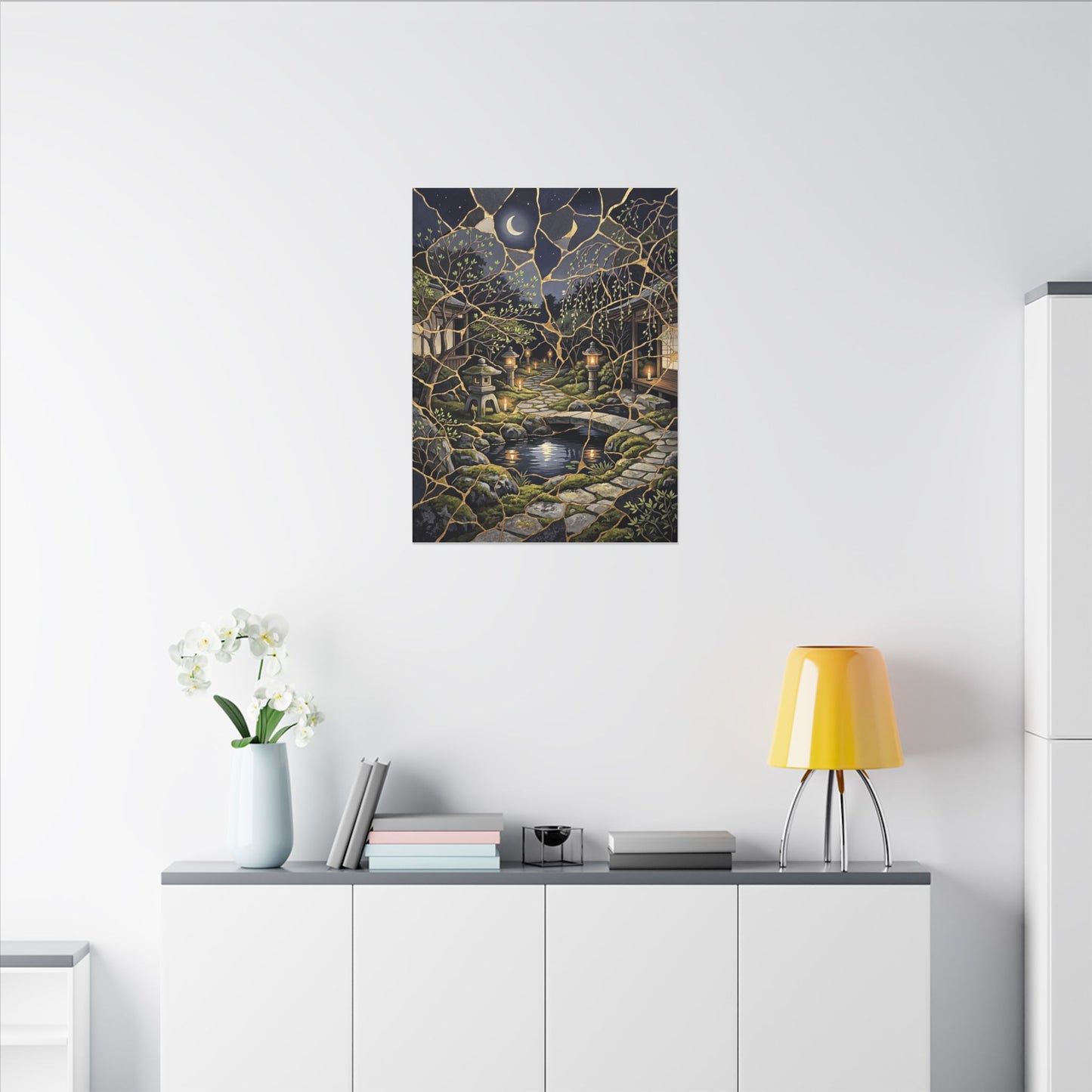Kintsugi Moonlit Garden in Candlelight | Gold Vein Canvas Art