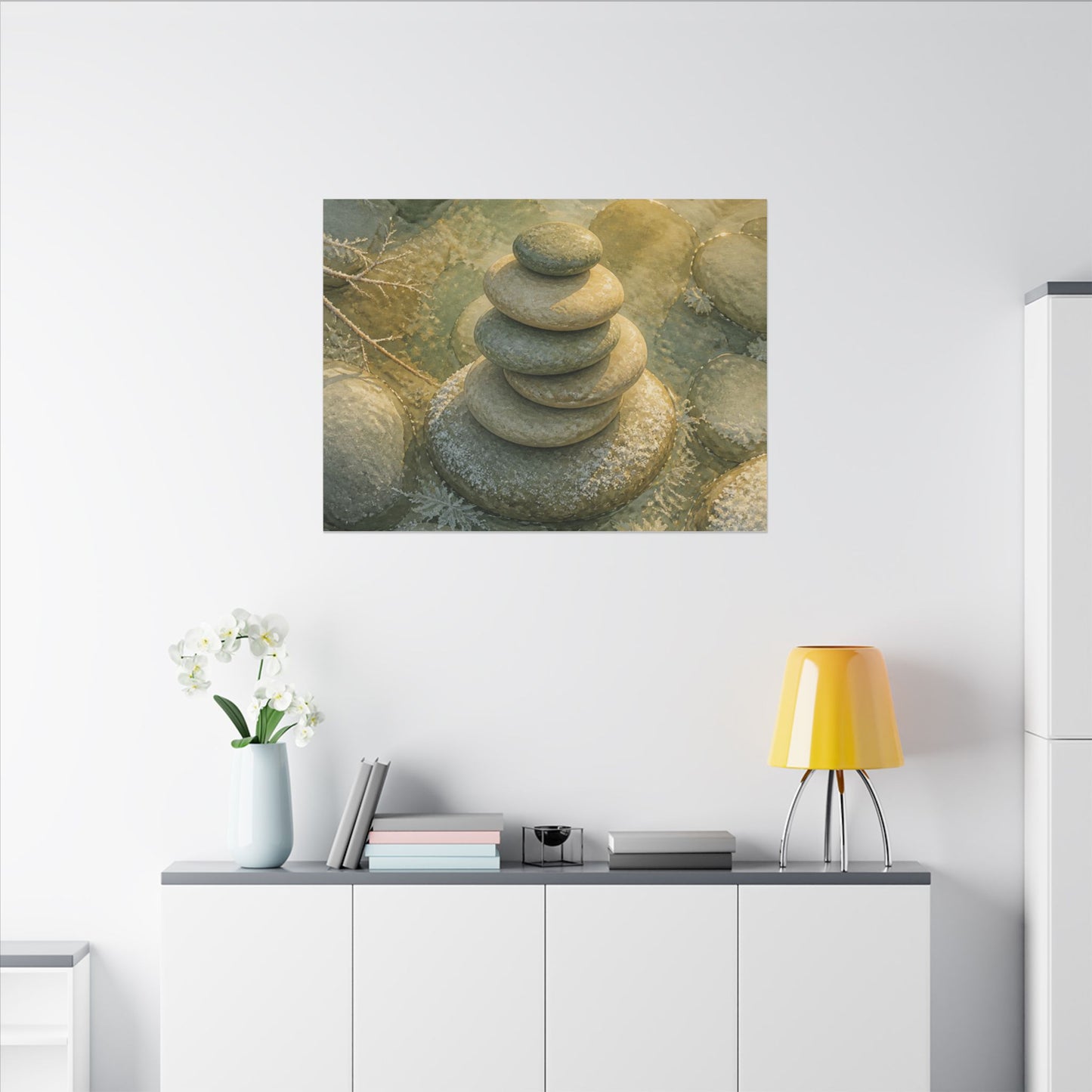River Stones Watercolor Canvas Art | Elegant Japandi Art