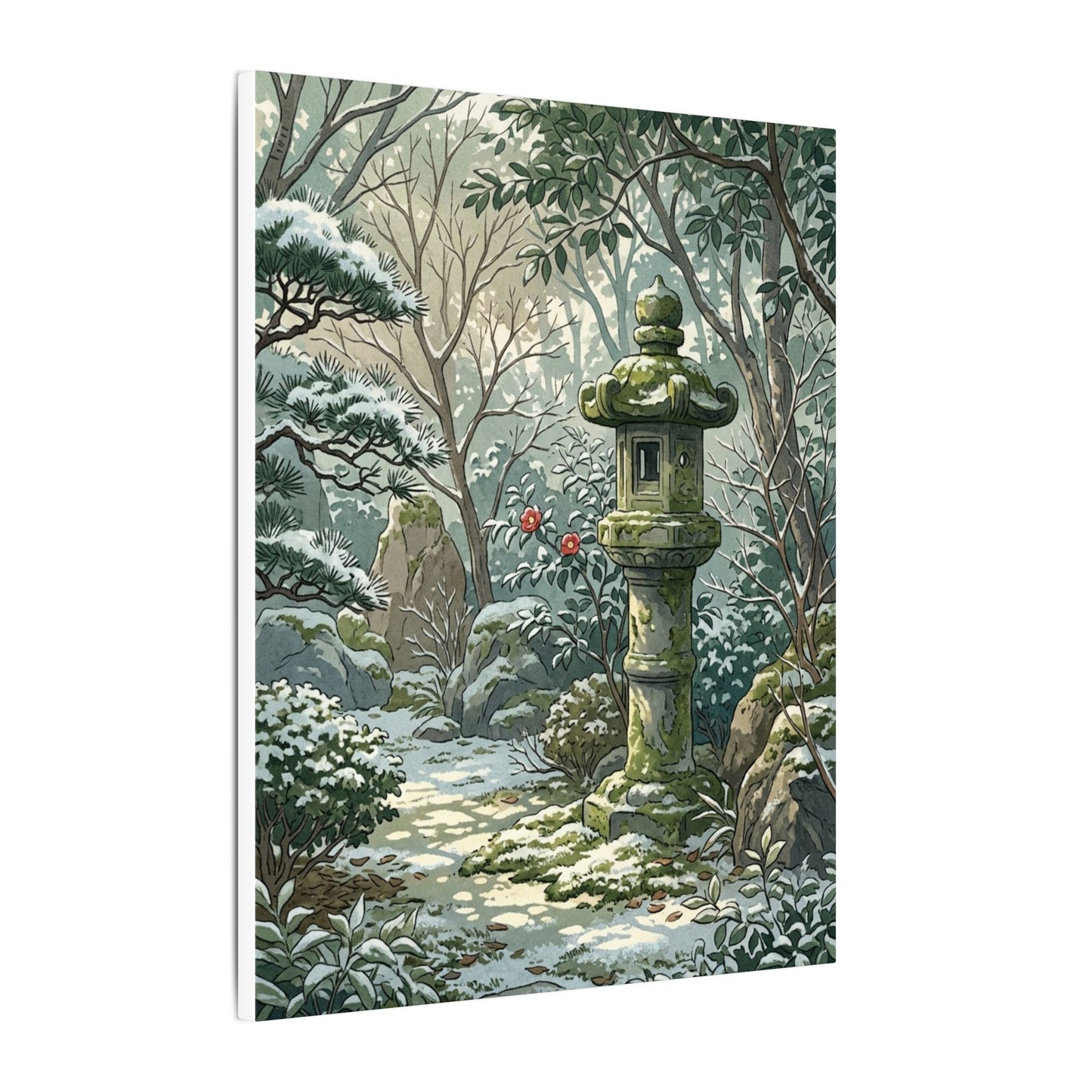 Stone Lantern Winter Canvas Art | Japandi Warm Design