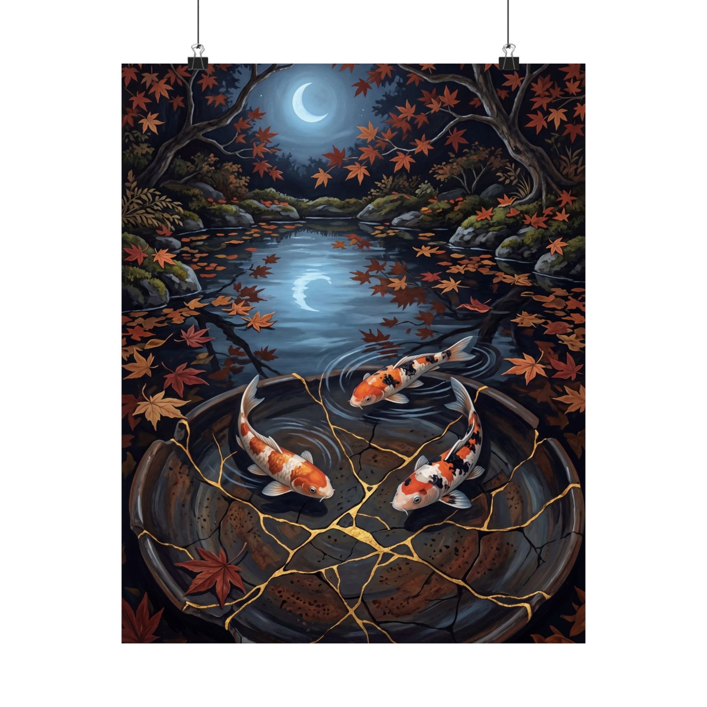 Kintsugi Koi Pond in Moonlight | Gold Repair Wall Art Print