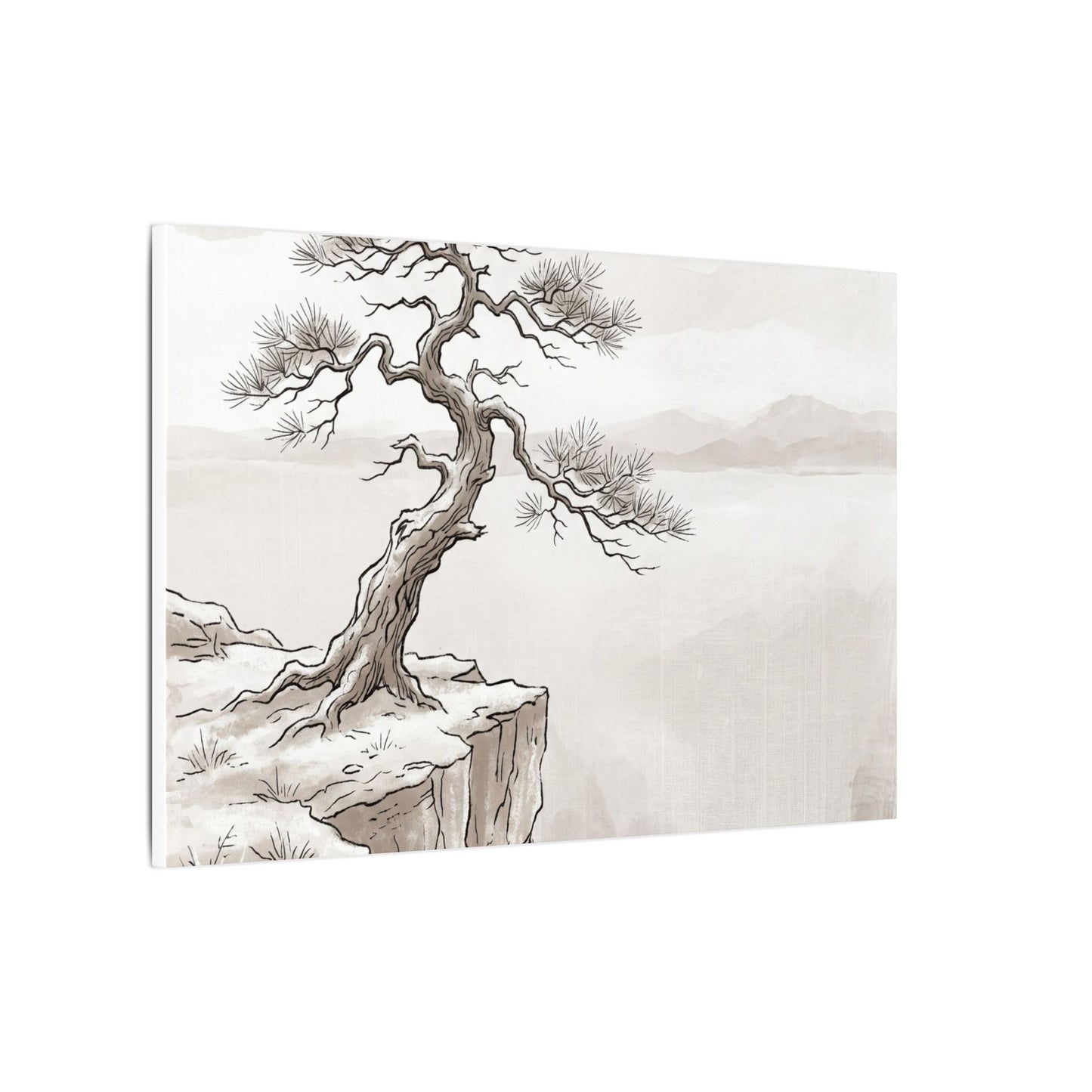 Neutral Pine Tree Canvas Art - Minimal Line Japandi