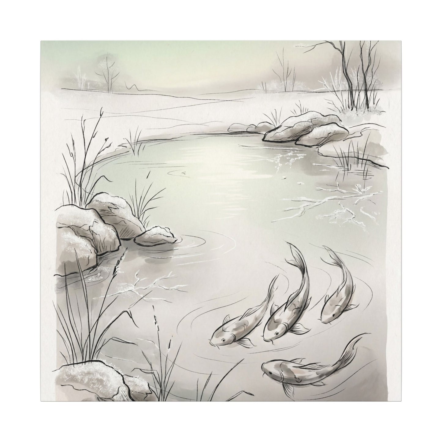 Koi Pond Minimal Line Canvas Art | Cozy Japandi Art