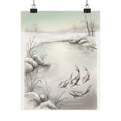 Japandi Koi Pond in Dawn | Minimal Line Wall Art Print