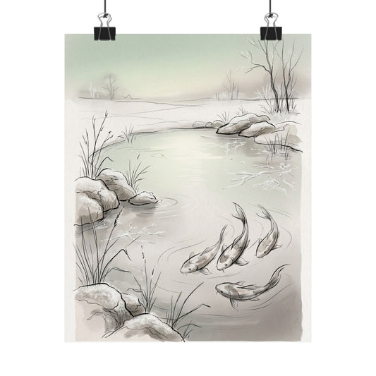 Japandi Koi Pond in Dawn | Minimal Line Wall Art Print