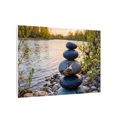 Kintsugi River Stones in Golden Hour | Gold Vein Canvas Art