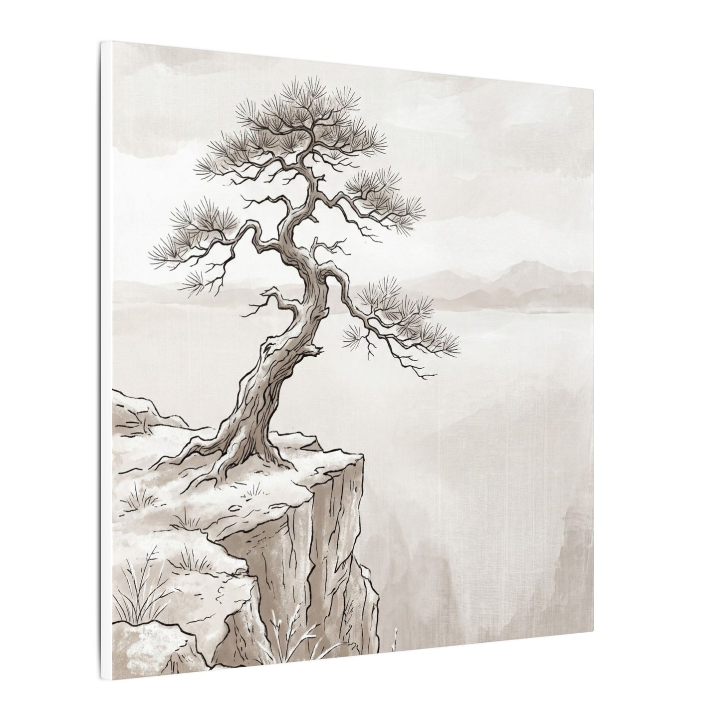 Neutral Pine Tree Canvas Art - Minimal Line Japandi