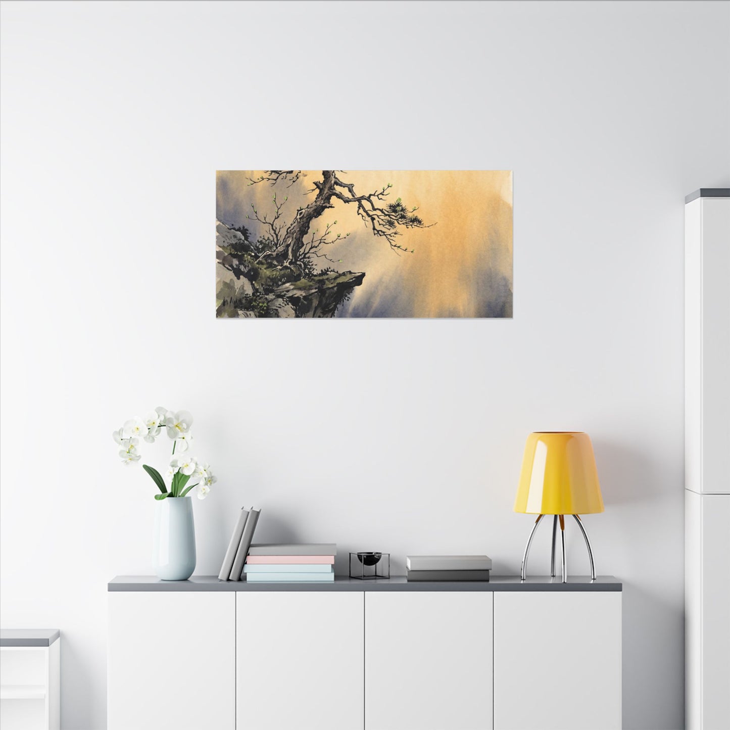 Zen Pine Tree in Golden Hour | Sumi E Canvas Art