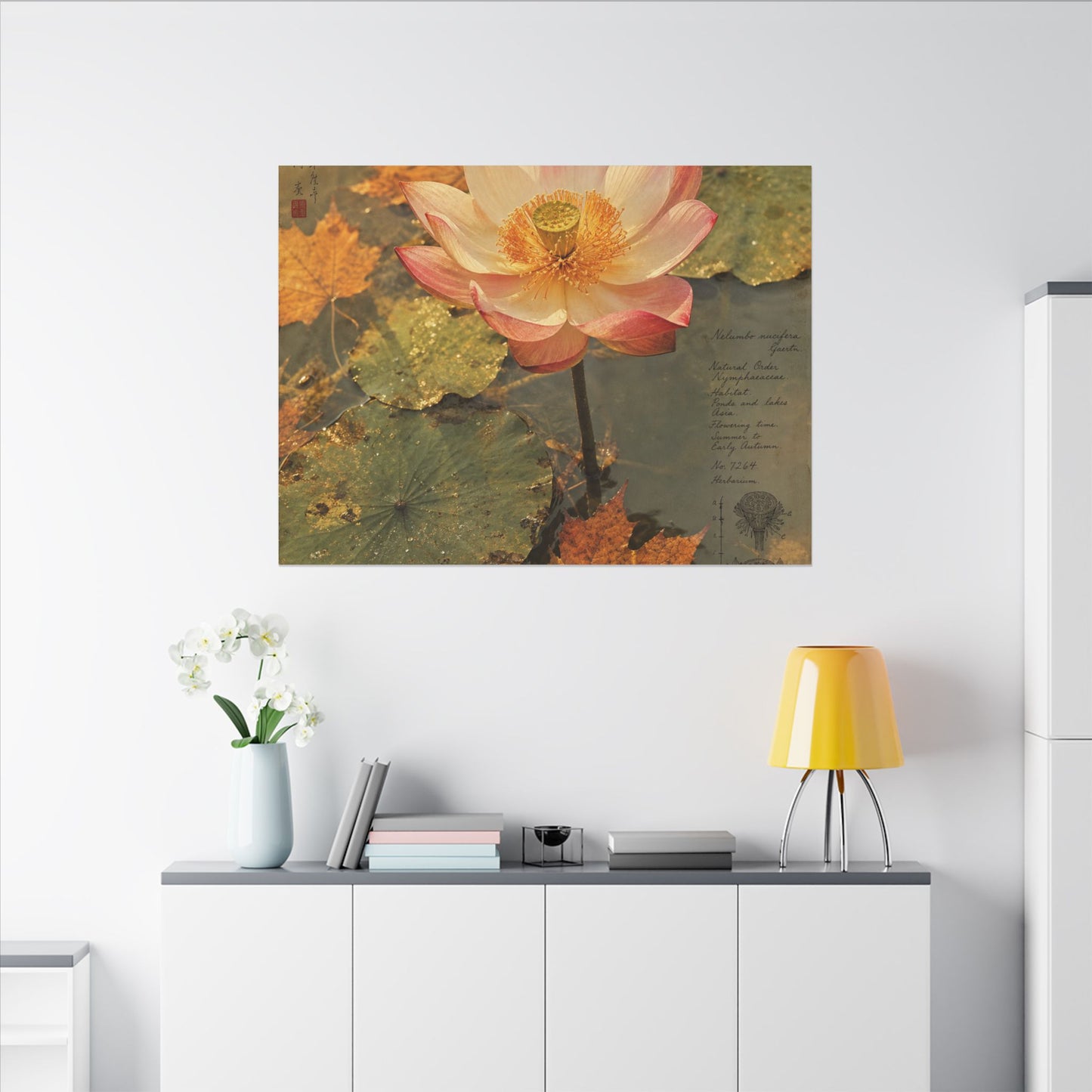 Autumn Lotus Flower Herbarium Canvas Art | Rustic Decor