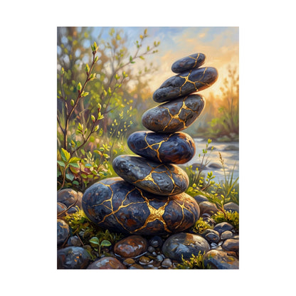 River Stones Wall Art Print | Spring Kintsugi Gold Repair Art
