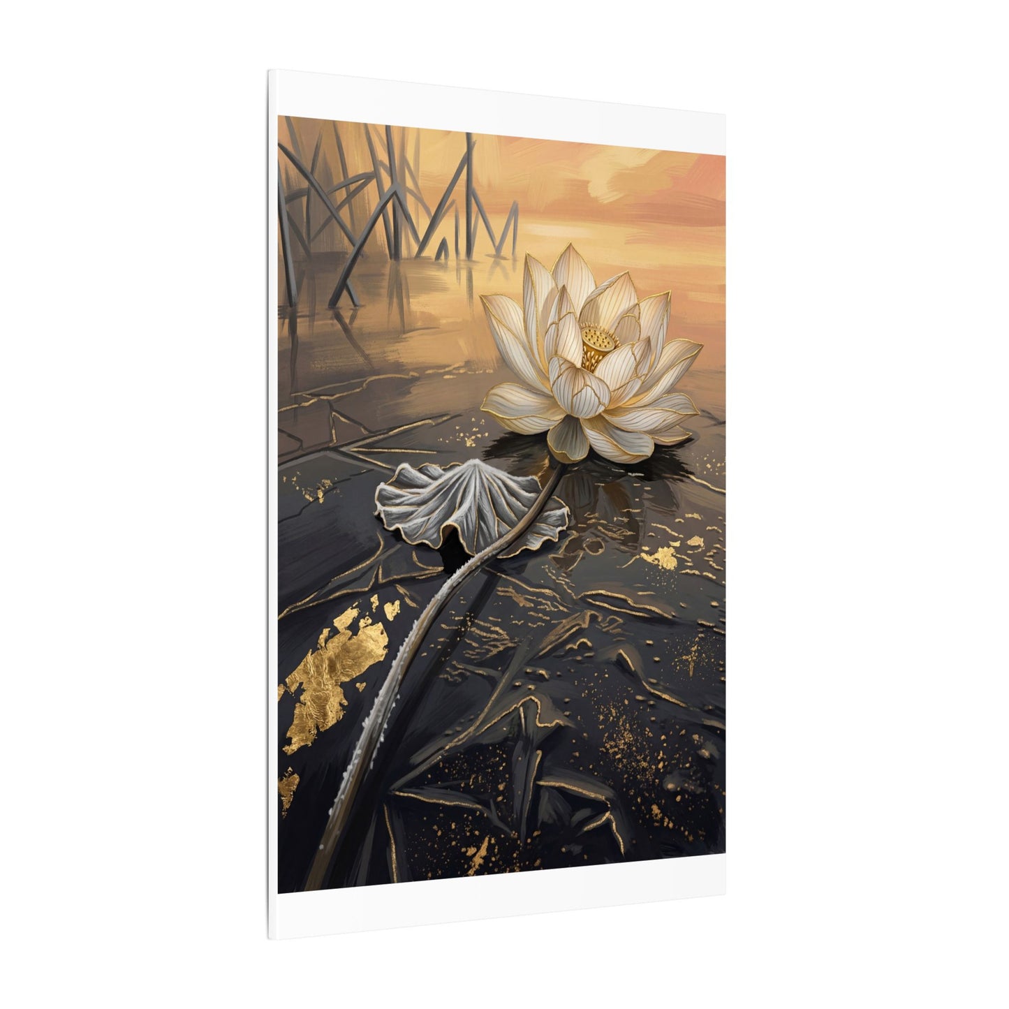 Kintsugi Lotus Flower in Golden Hour | Gold Vein Canvas Art