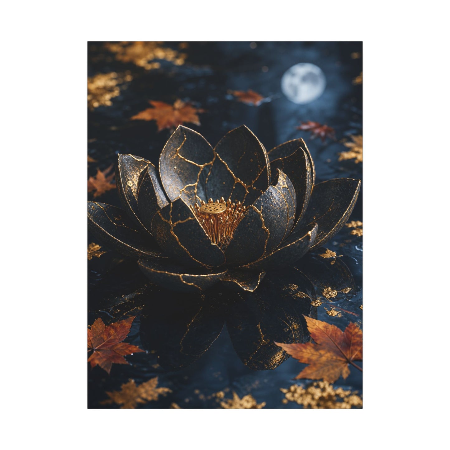 Moonlight Lotus Flower Canvas Art - Kintsugi Fukinsei