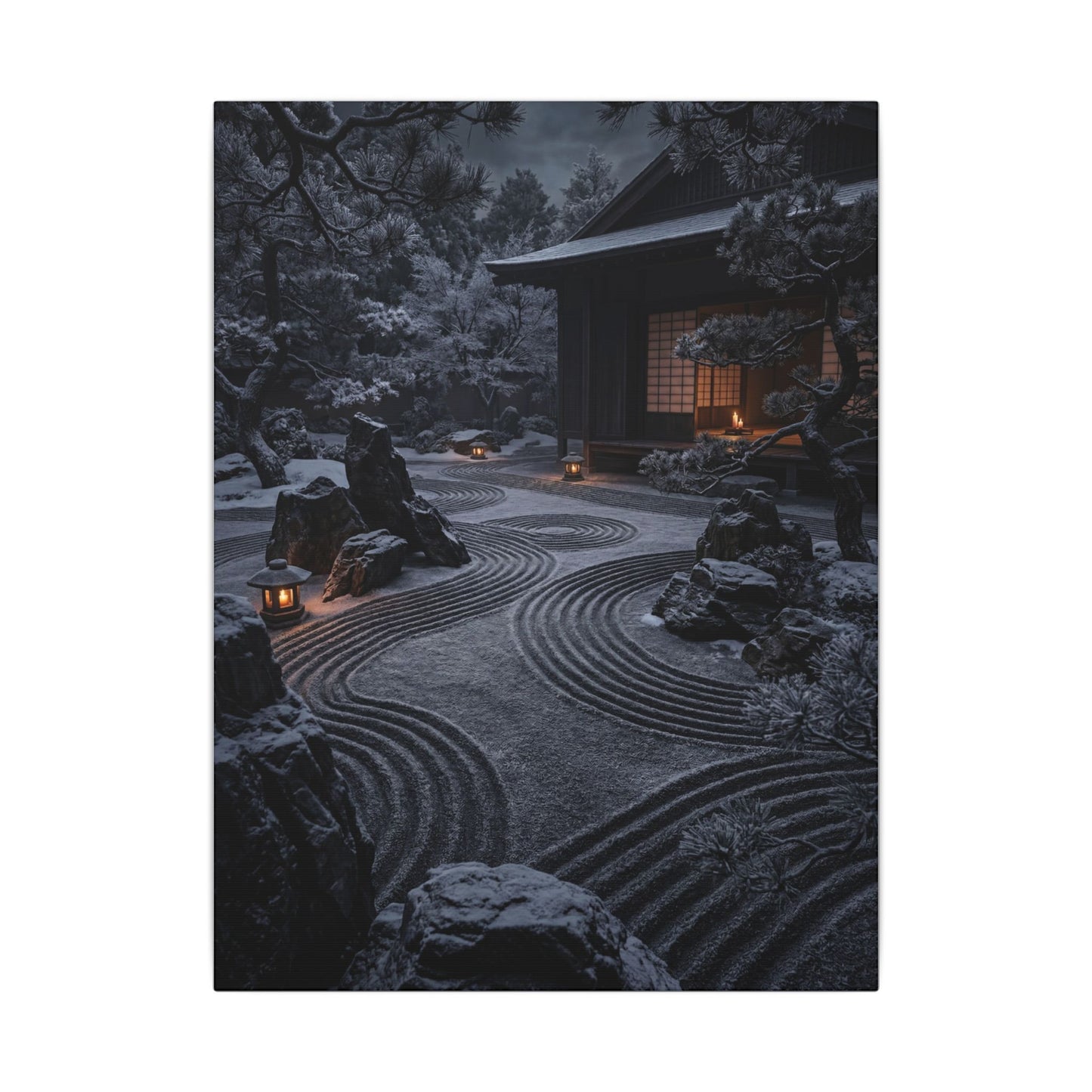 Candlelight Rock Garden Canvas Art - Dark Japandi Fukinsei