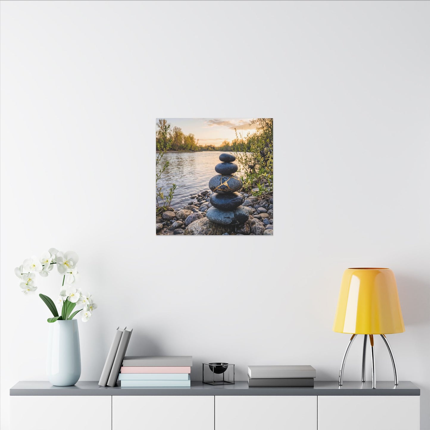 Kintsugi River Stones in Golden Hour | Gold Vein Canvas Art