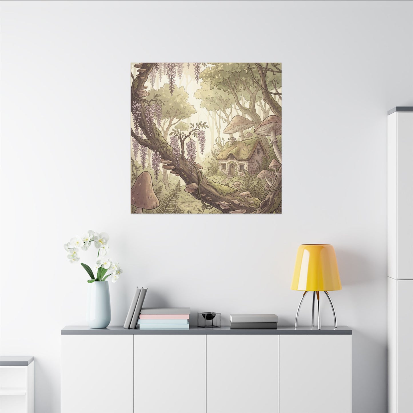 Summer Wisteria Mushroom Illustration Canvas Art | Enchanting Decor