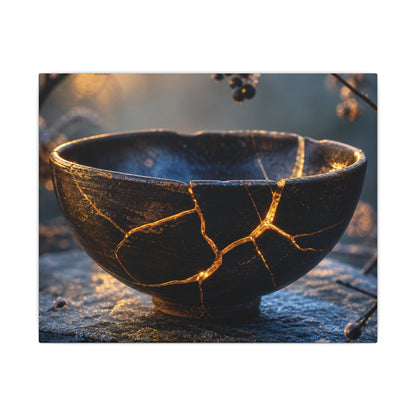 Ceramic Bowl Canvas Art | Winter Kintsugi Gold Repair Art