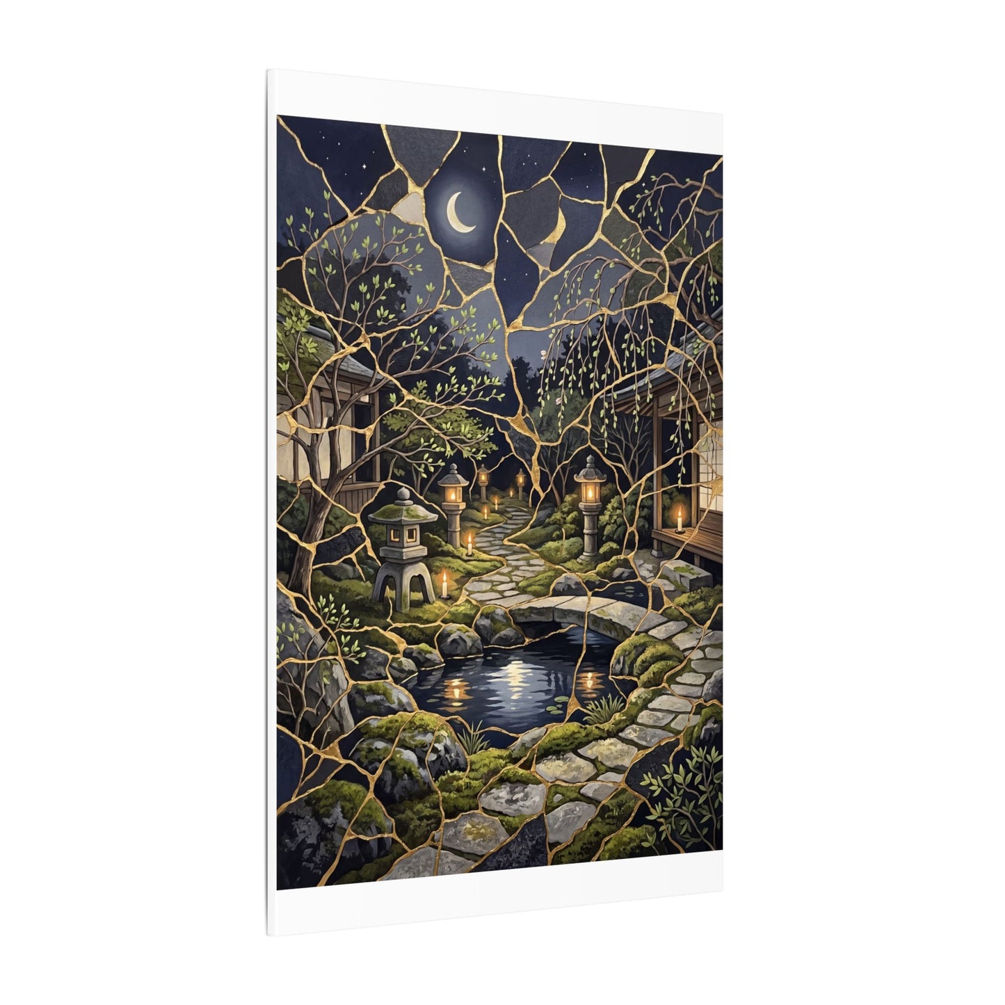 Kintsugi Moonlit Garden in Candlelight | Gold Vein Canvas Art