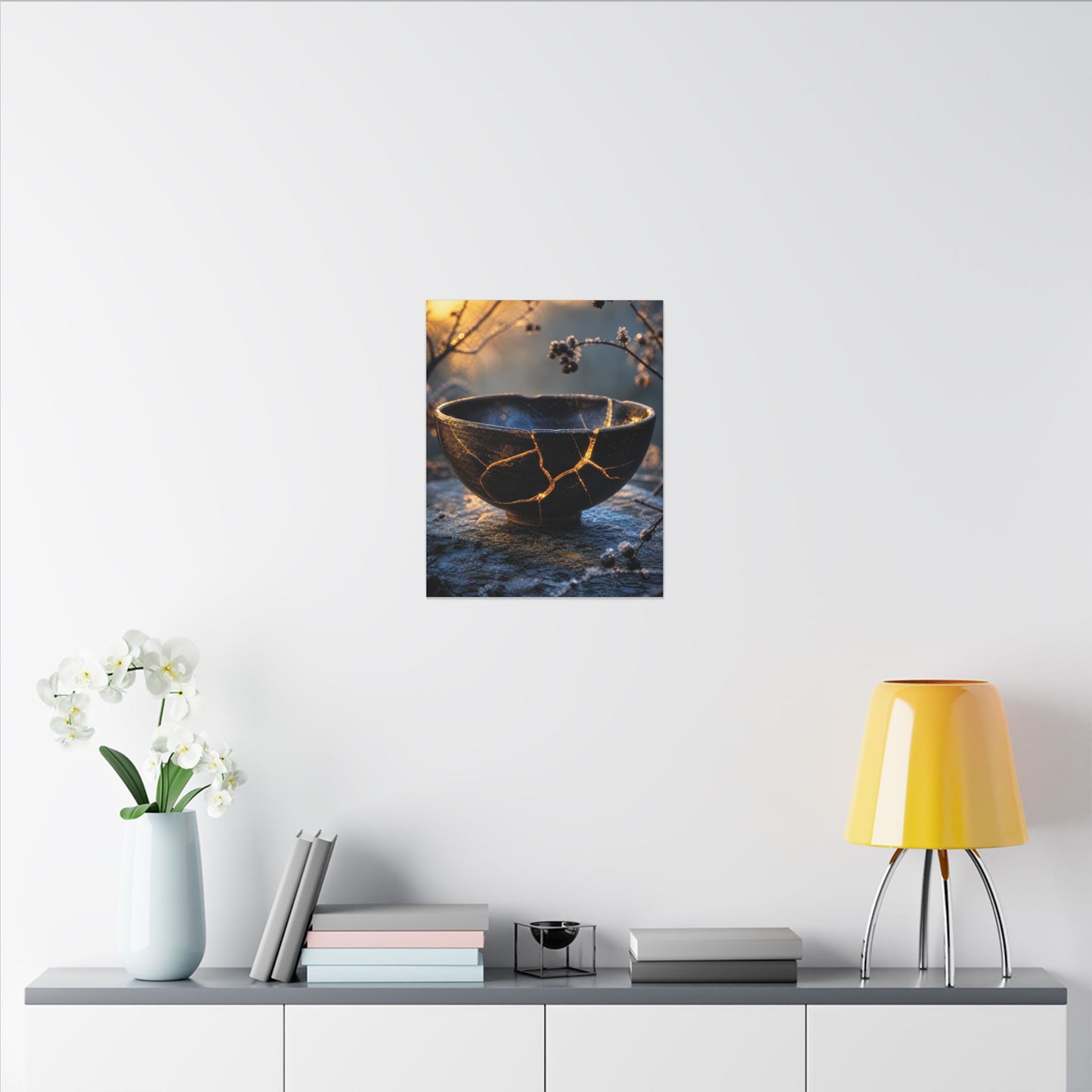 Ceramic Bowl Canvas Art | Winter Kintsugi Gold Repair Art