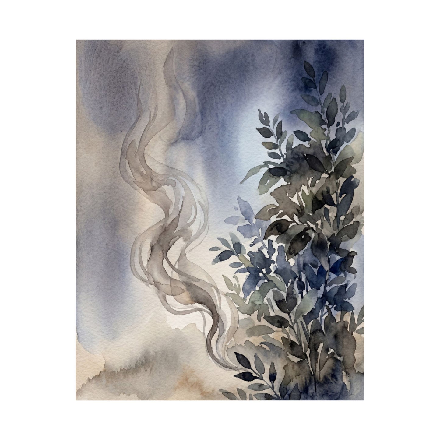 Japandi Incense Smoke in Moonlight | Watercolor Wall Art Print