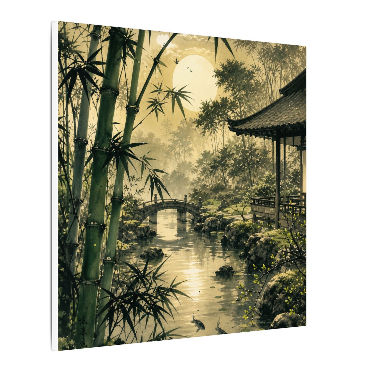 Moonlit Garden Sumi E Canvas Art | Calm Zen Art