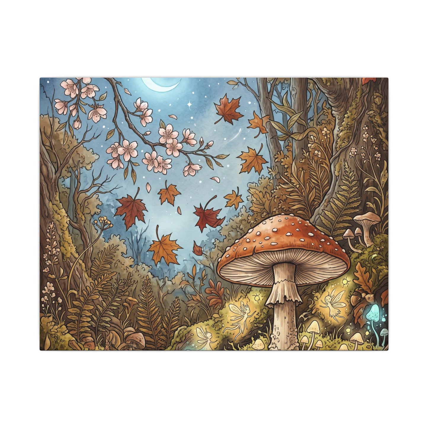 Autumn Cherry Blossom Mushroom Illustration Canvas Art | Enchanting Decor