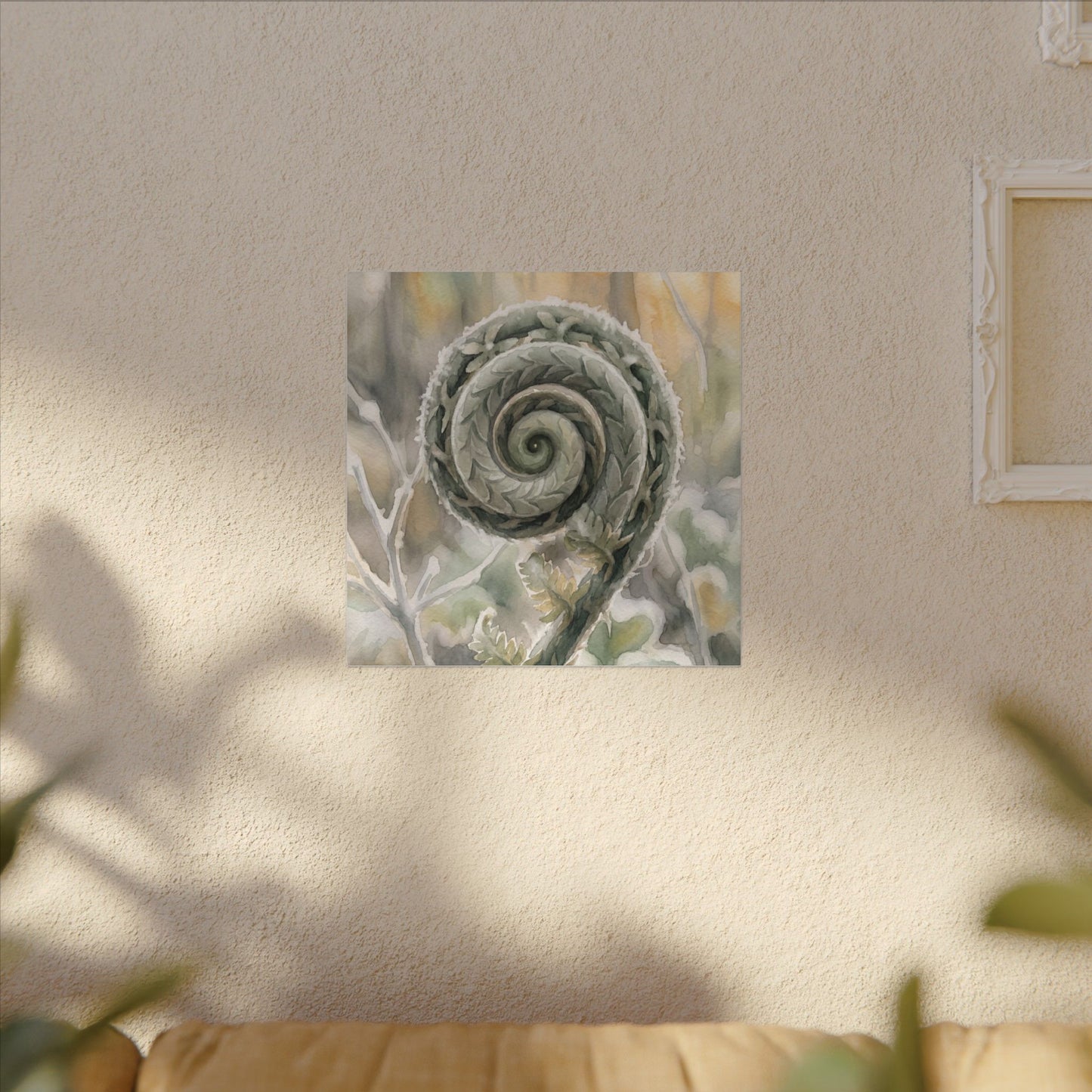 Winter Fern Unfurling Watercolor Canvas Art | Cozy Decor