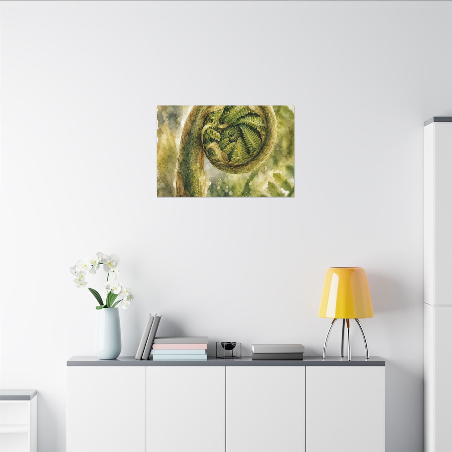 Japandi Fern Unfurling in Dappled | Watercolor Canvas Art